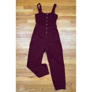 Hollister Pinstripe Jumpsuit Women M Burgundy Button Front Sleeveless Y2K Preppy